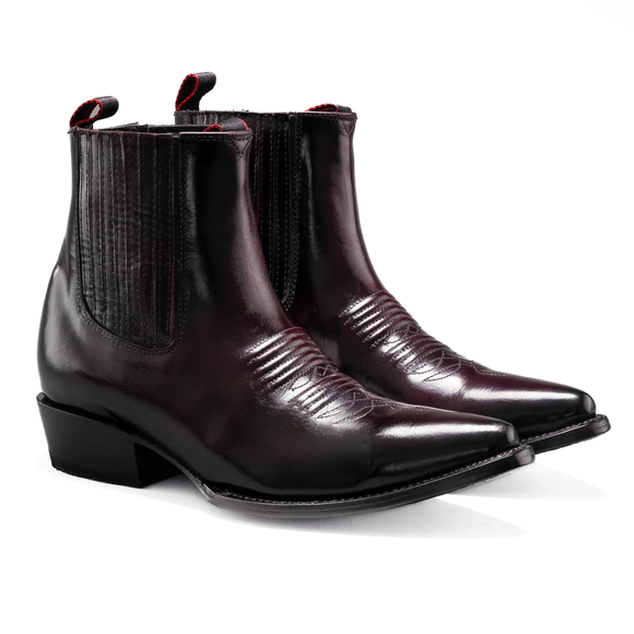 Buy wine MEN&#39;S SHORT WESTERN ANKLE COWBOY BOOTS BLACK CHAMALEON J TOE