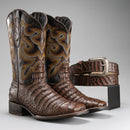MEN'S CAIMAN BD704 WESTERN BOOTS BROWN SQUARE TOE COWBOY BOOTS WITH BELT BUNDLE-1