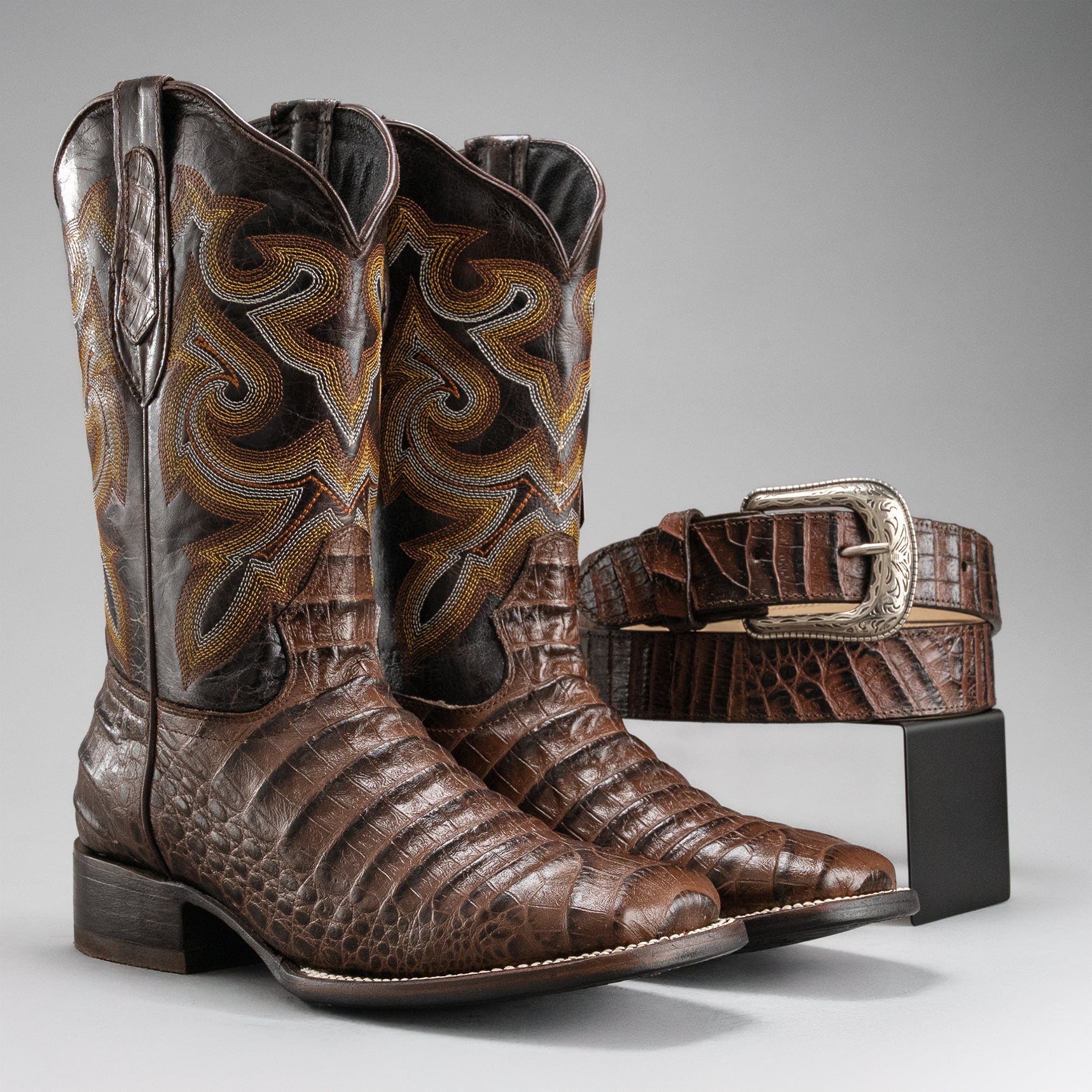 MEN'S CAIMAN BD704 WESTERN BOOTS BROWN SQUARE TOE COWBOY BOOTS WITH BELT BUNDLE