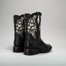 WOMEN'S 1401 BLACK EMBROIDERED SQUARE TOE COWBOY ANKLE BOOTS AND BUNDLE BELT-3