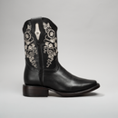 WOMEN'S 1401 BLACK EMBROIDERED SQUARE TOE COWBOY ANKLE BOOTS AND BUNDLE BELT-5
