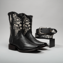 WOMEN'S 1401 BLACK EMBROIDERED SQUARE TOE COWBOY ANKLE BOOTS AND BUNDLE BELT-1