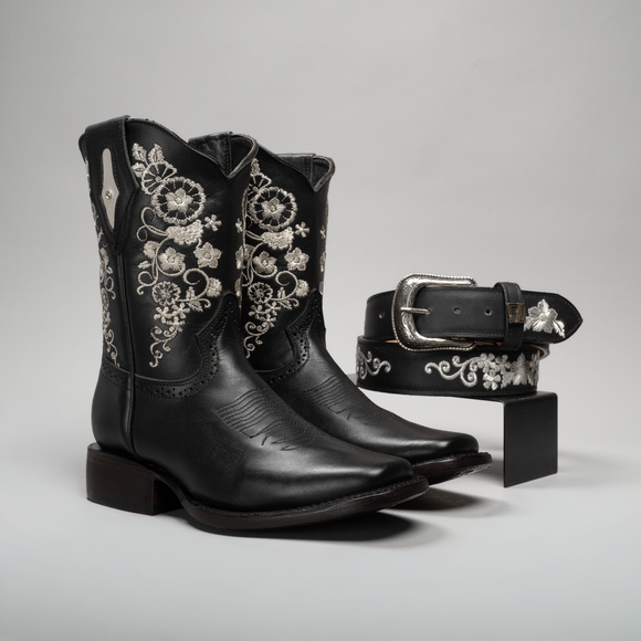 WOMEN'S 1401 BLACK EMBROIDERED SQUARE TOE COWBOY ANKLE BOOTS AND BUNDLE BELT