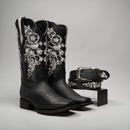 WOMEN’S 1501 SAND COWBOY BOOTS – EMBROIDERED SQUARE TOE WESTERN BOOT WITH FLOWERS COWBOY BOOTS BUNDLE BELT-1