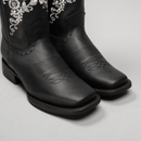 WOMEN'S 1401 BLACK EMBROIDERED SQUARE TOE COWBOY ANKLE BOOTS AND BUNDLE BELT-2