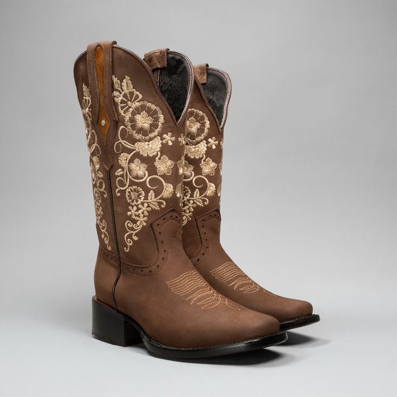 WOMEN’S 1501 BROWN PREMIUM COWBOY BOOTS – SQUARE TOE WESTERN BOOT WITH WHITE EMBROIDERED FLOWERS