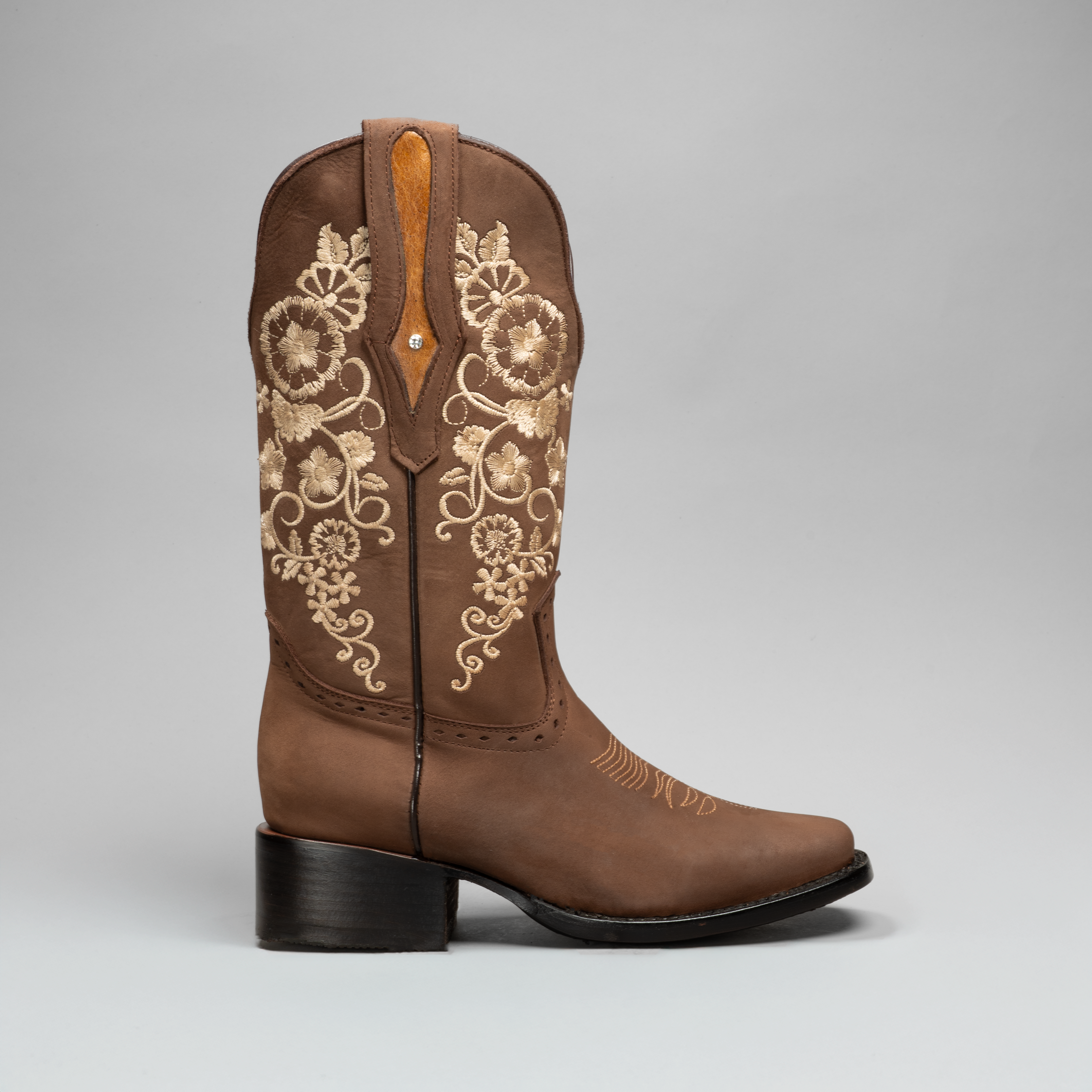 WOMEN’S 1501 BROWN PREMIUM COWBOY BOOTS – SQUARE TOE WESTERN BOOT WITH WHITE EMBROIDERED FLOWERS