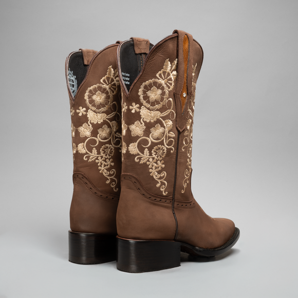 WOMEN’S 1501 SAND COWBOY BOOTS – EMBROIDERED SQUARE TOE WESTERN BOOT WITH FLOWERS COWBOY BOOTS BUNDLE BELT - 0