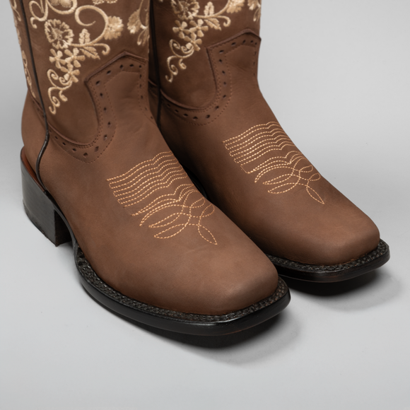 WOMEN’S 1501 SAND COWBOY BOOTS – EMBROIDERED SQUARE TOE WESTERN BOOT WITH FLOWERS COWBOY BOOTS BUNDLE BELT