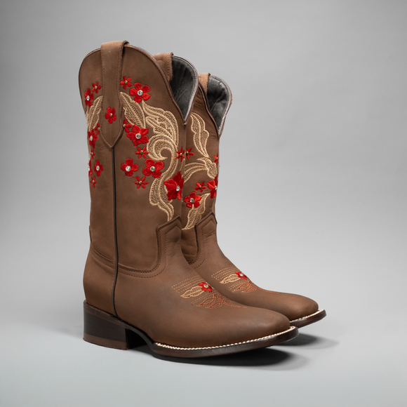 WOMEN’S 1606 SAND PREMIUM COWBOY BOOTS – EMBROIDERED SQUARE TOE WESTERN BOOT RED FLOWERS COWBOY BOOTS