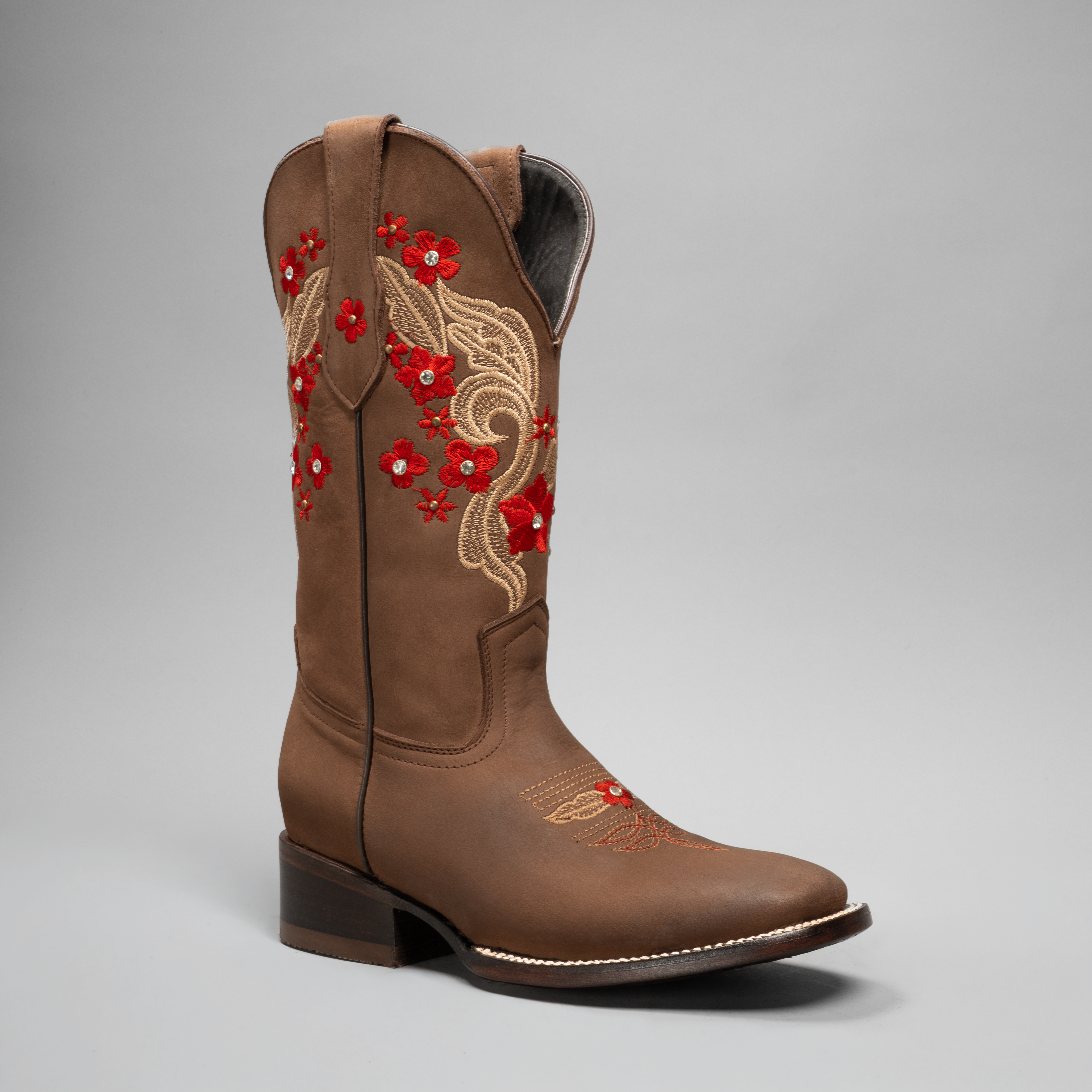 WOMEN’S 1606 SAND PREMIUM COWBOY BOOTS – EMBROIDERED SQUARE TOE WESTERN BOOT RED FLOWERS COWBOY BOOTS