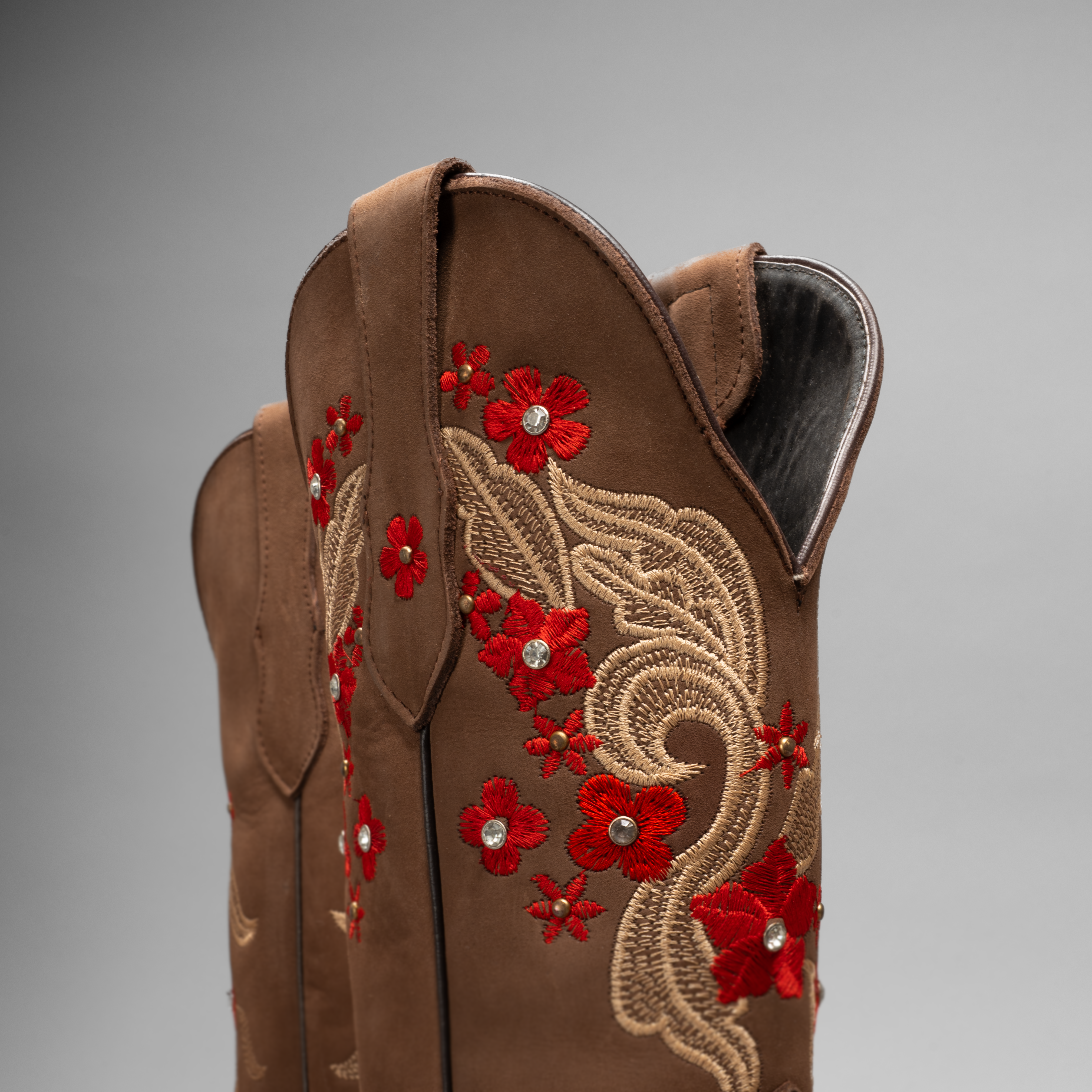 WOMEN’S 1606 SAND PREMIUM COWBOY BOOTS – EMBROIDERED SQUARE TOE WESTERN BOOT RED FLOWERS COWBOY BOOTS