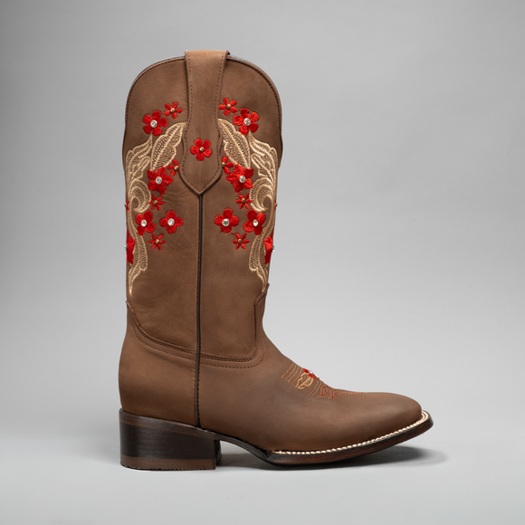 WOMEN’S 1606 SAND PREMIUM COWBOY BOOTS – EMBROIDERED SQUARE TOE WESTERN BOOT RED FLOWERS COWBOY BOOTS