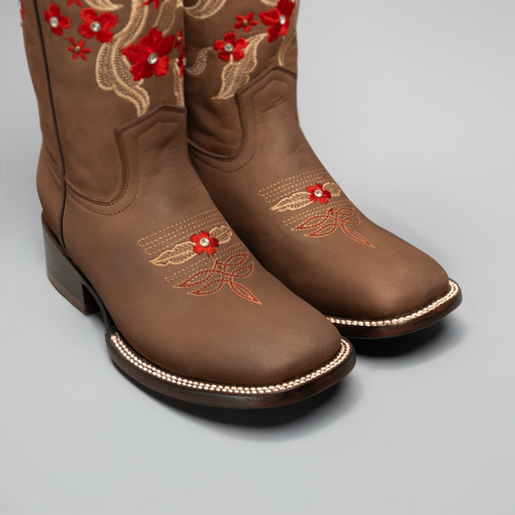 WOMEN’S 1606 SAND PREMIUM COWBOY BOOTS – EMBROIDERED SQUARE TOE WESTERN BOOT RED FLOWERS COWBOY BOOTS BUNDLE BELT - 0