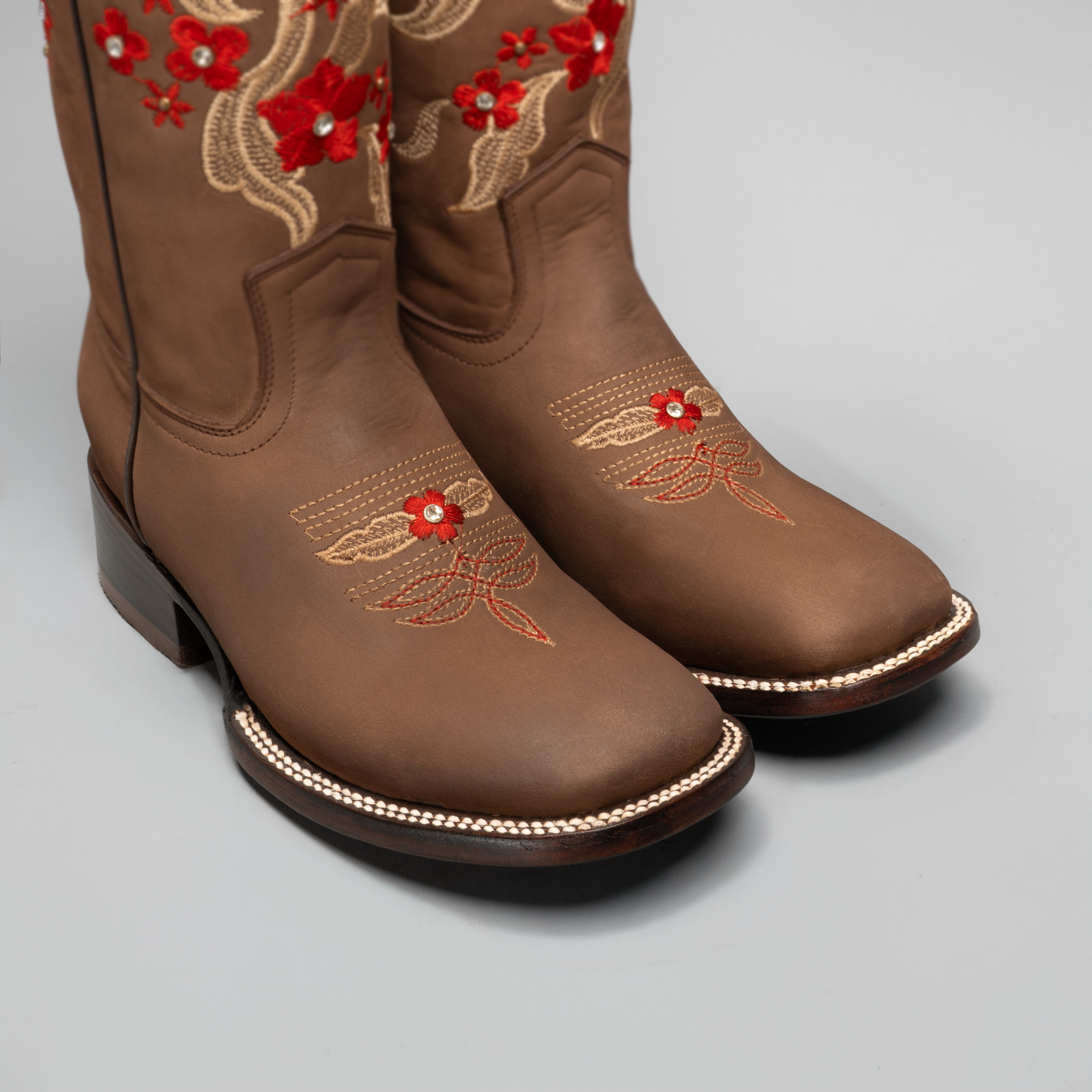 WOMEN’S 1606 SAND PREMIUM COWBOY BOOTS – EMBROIDERED SQUARE TOE WESTERN BOOT RED FLOWERS COWBOY BOOTS - 0