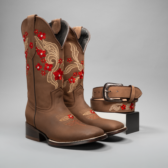 WOMEN’S 1606 SAND PREMIUM COWBOY BOOTS – EMBROIDERED SQUARE TOE WESTERN BOOT RED FLOWERS COWBOY BOOTS BUNDLE BELT