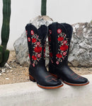 WOMEN'S RED EMBROIDERED SQUARE TOE COWBOY BOOTS-2