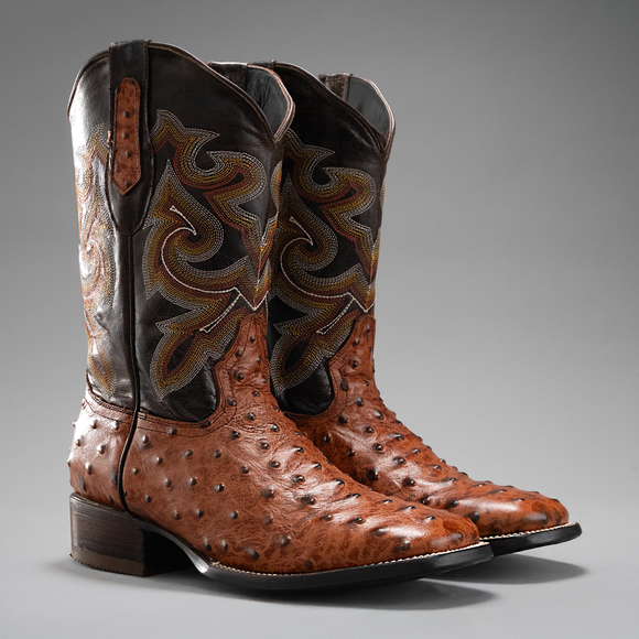 BD701 MEN'S WESTERN BOOTS OSTRICH PRINT LEATHER SQUARE TOE COWBOY BOOTS BUTTERCUP COLOR