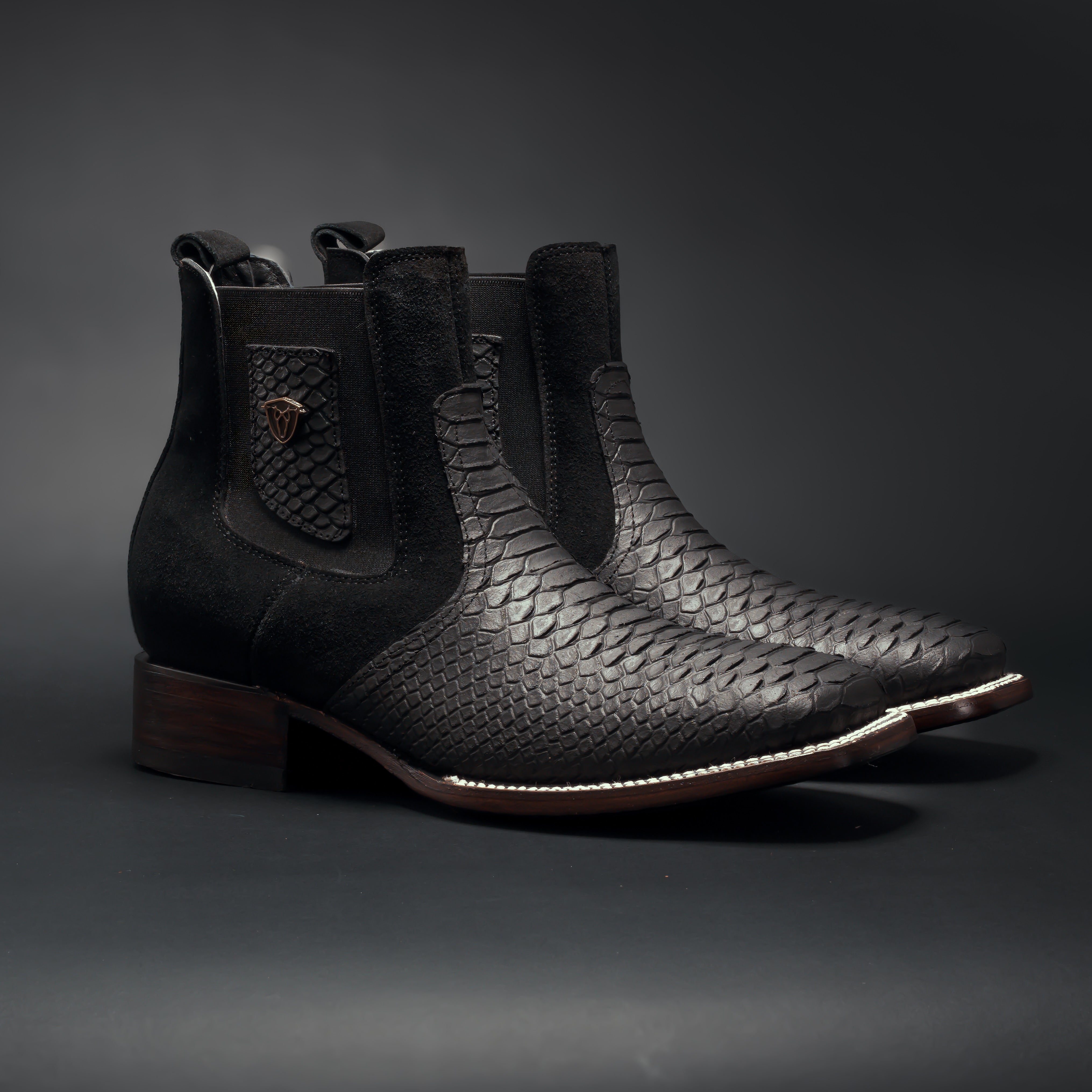 PYTHON BLACK MEN'S SHORT ANKLE RODEO SQUARE TOE BOOTS