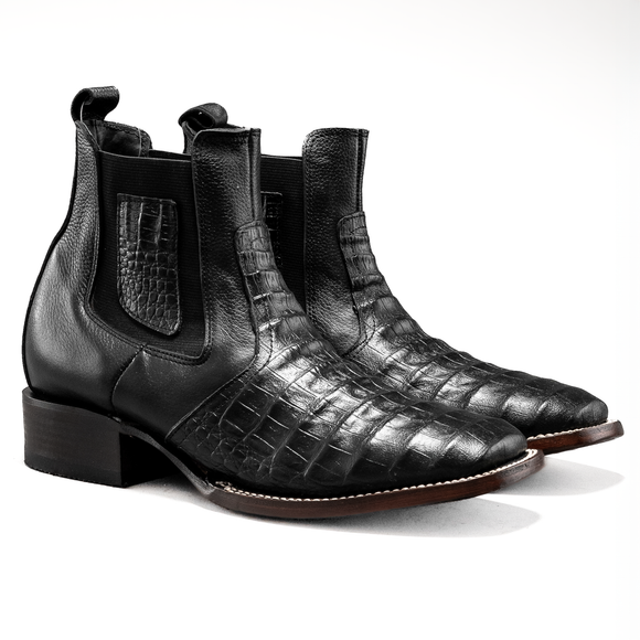 SQUARE TOE  MEN'S CROCODILE RODEO ANKLE BOOT BLACK COLOR