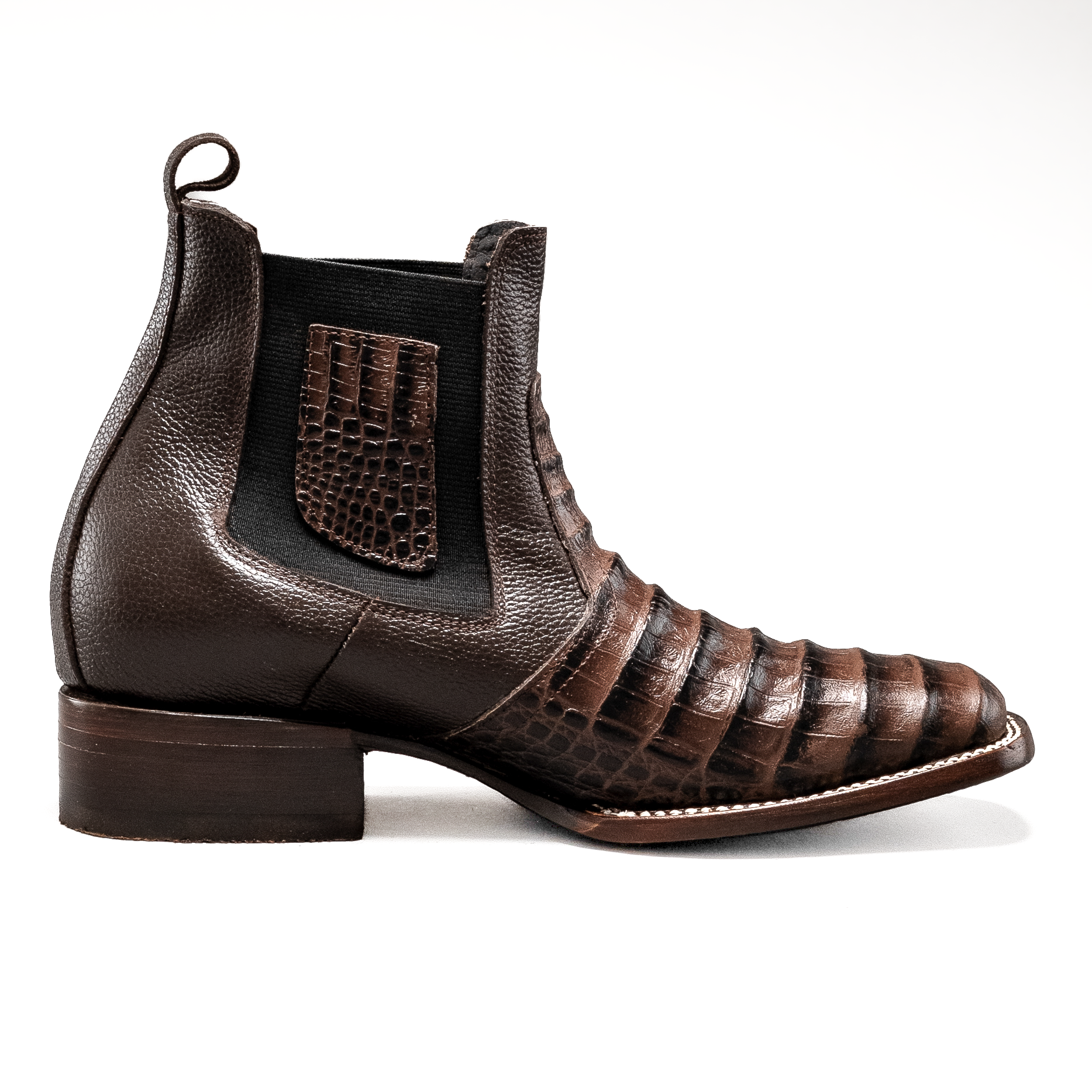 SQUARE TOE  MEN'S CROCODILE RODEO ANKLE BOOT BROWN COLOR