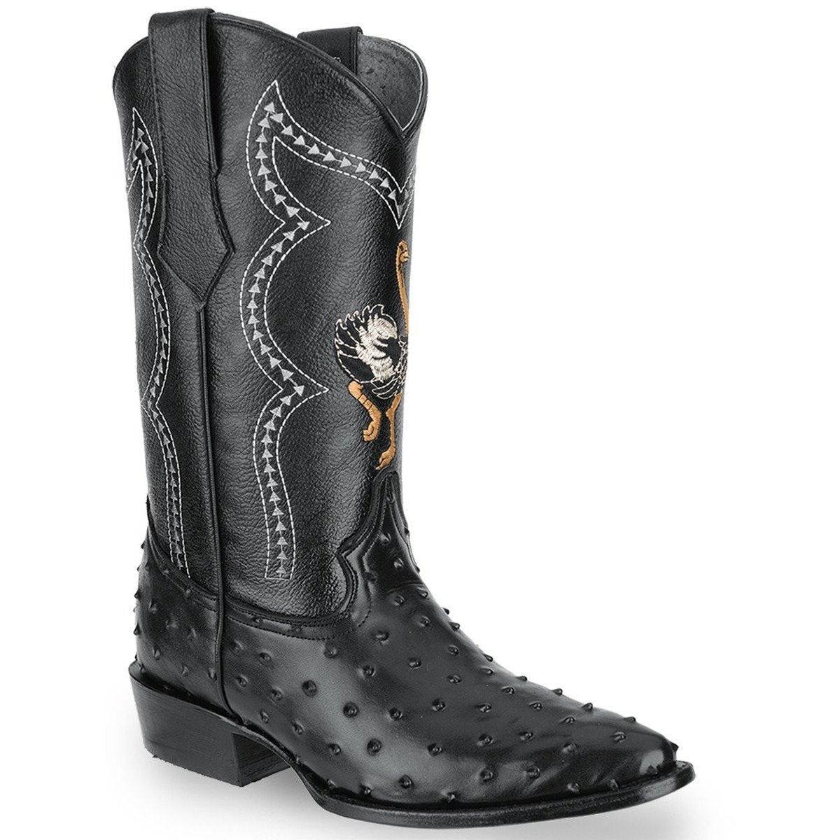 JB 901 BLACK  J Toe Boots,  Men's Cowboy Boots Ostrich Print Genuine Leather,  Classic Western Boots