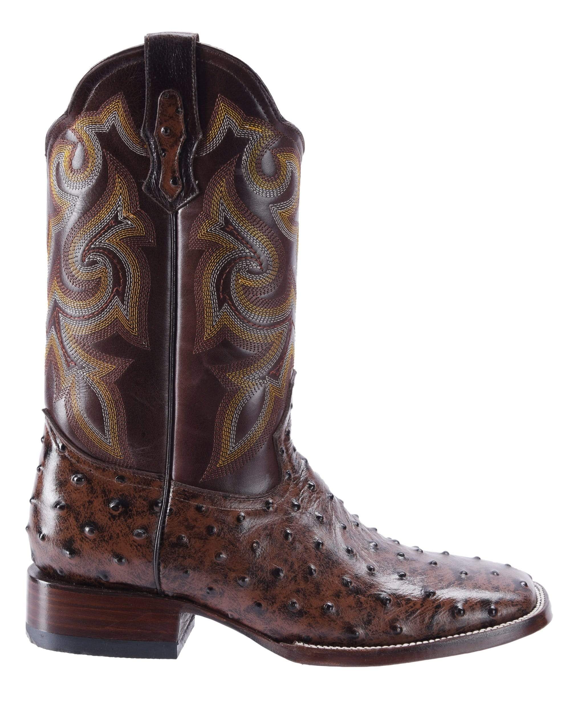 BD701 BROWN, Ostrich Print Leather Men's Western Cowboy Boots: Square Toe Boot, Leather Sole Rodeo Boots