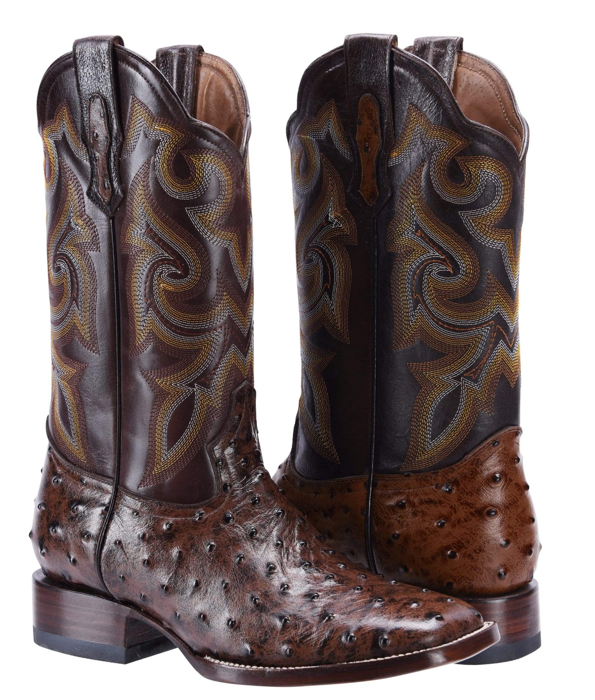 BD701 BROWN, Ostrich Print Leather Men's Western Cowboy Boots: Square Toe Boot, Leather Sole Rodeo Boots - 0