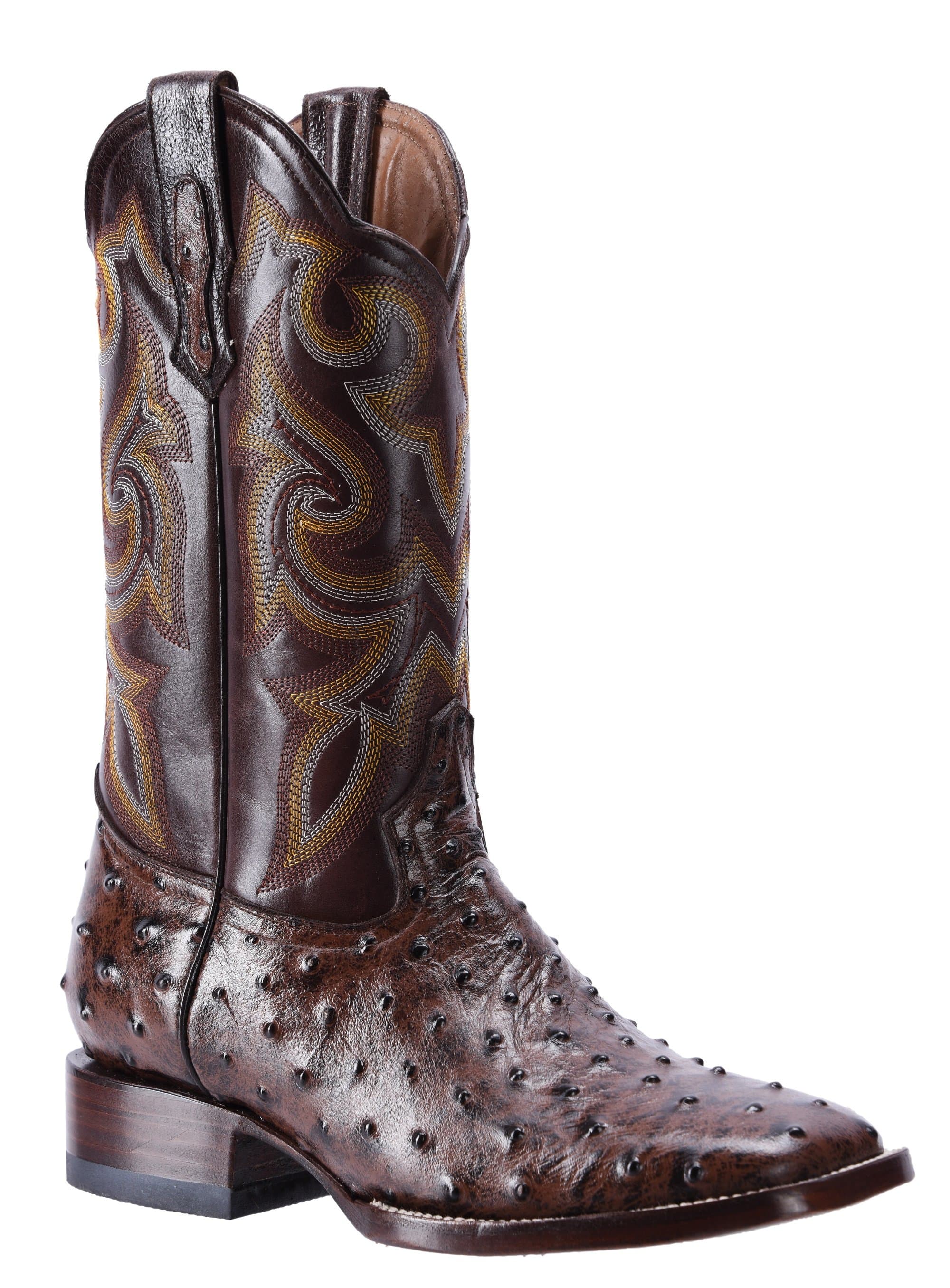 BD701 BROWN, Ostrich Print Leather Men's Western Cowboy Boots: Square Toe Boot, Leather Sole Rodeo Boots