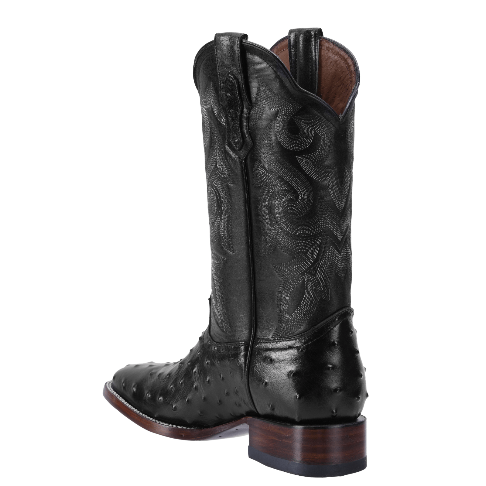 BD701 BLACK Ostrich Print Leather Men's Western Cowboy Boots: Square Toe Boot, Leather Sole Rodeo Boots