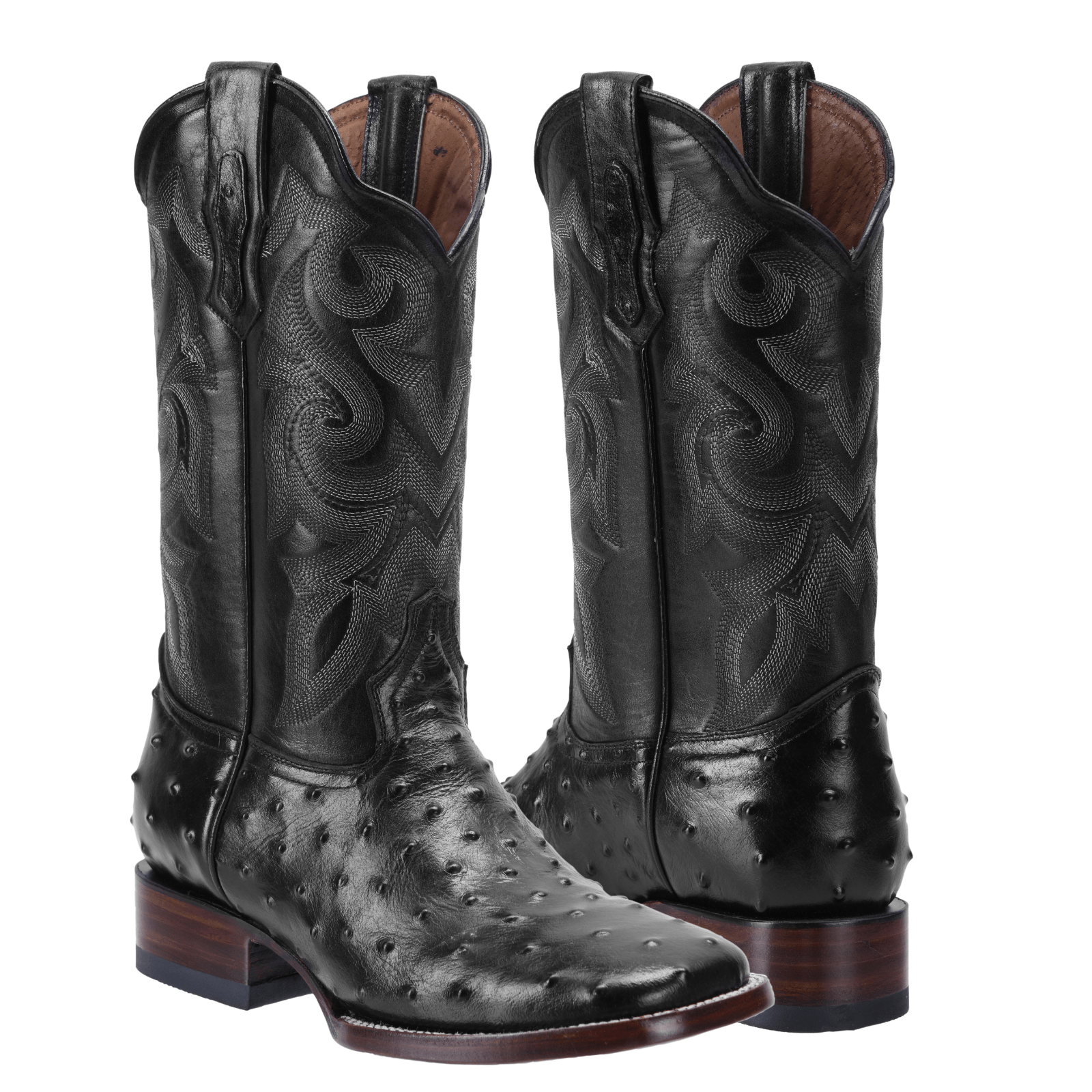 BD701 BLACK Ostrich Print Leather Men's Western Cowboy Boots: Square Toe Boot, Leather Sole Rodeo Boots