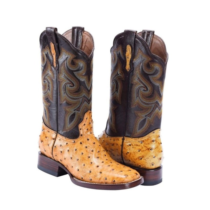 BD701 BUTTERCUP  Ostrich Print Leather Men's Western Cowboy Boots: Square Toe Boot, Leather Sole Rodeo Boots