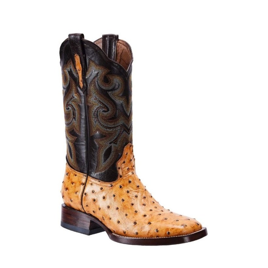 BD701 BUTTERCUP  Ostrich Print Leather Men's Western Cowboy Boots: Square Toe Boot, Leather Sole Rodeo Boots