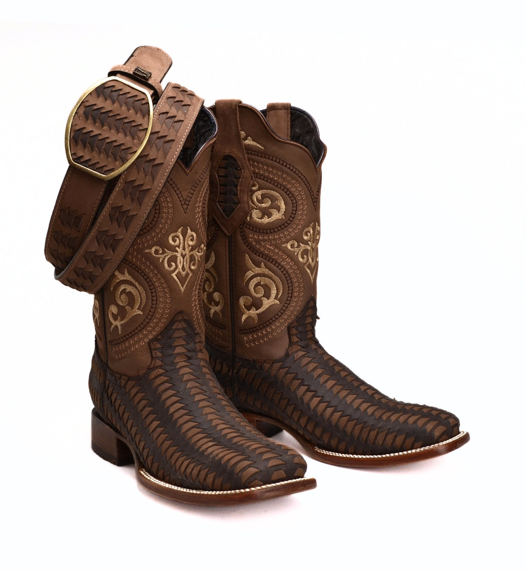 Men's Western Boots: Square Toe Cowboy & Rodeo Boots with Genuine Leather Belt 816 Brown Combo