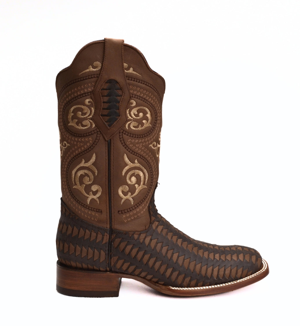 Men's Western Boots: Square Toe Cowboy & Rodeo Boots with Genuine Leather Belt 816 Brown Combo - 0