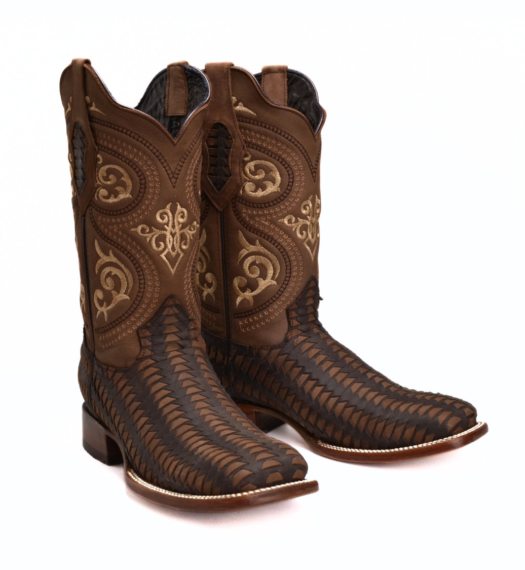 Men's Western Boots: Square Toe Cowboy & Rodeo Boots with Genuine Leather Belt 816 Brown Combo