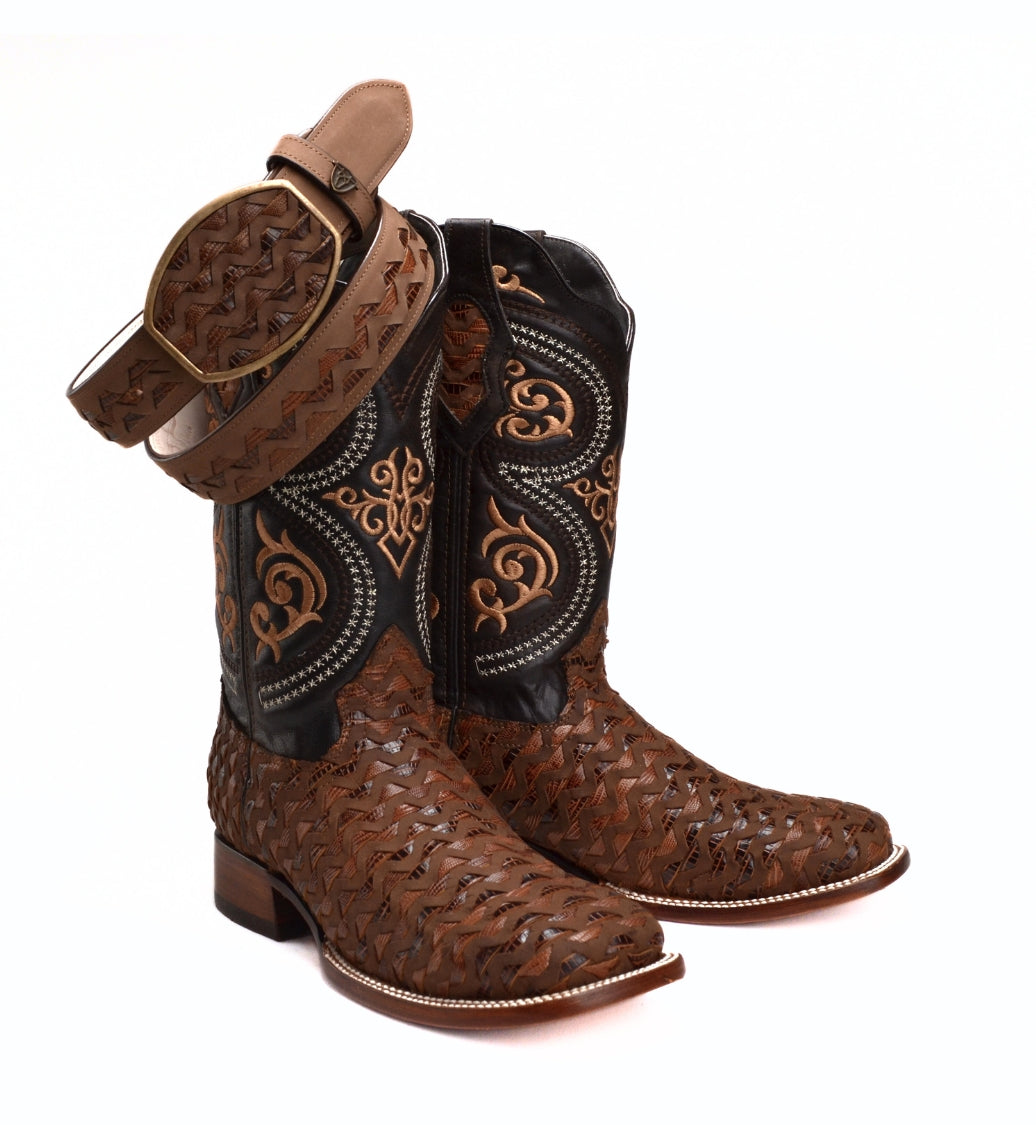 MEN'S WESTERN COMBO – 817 BROWN SQUARE TOE COWBOY BOOTS WITH MATCHING LEATHER BELT