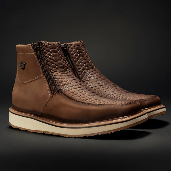 CF16 MEN'S SQUARE TOE COWBOY BOOTS BROWN PYTHON LEATHER WITH DOBBLE ZIPPER