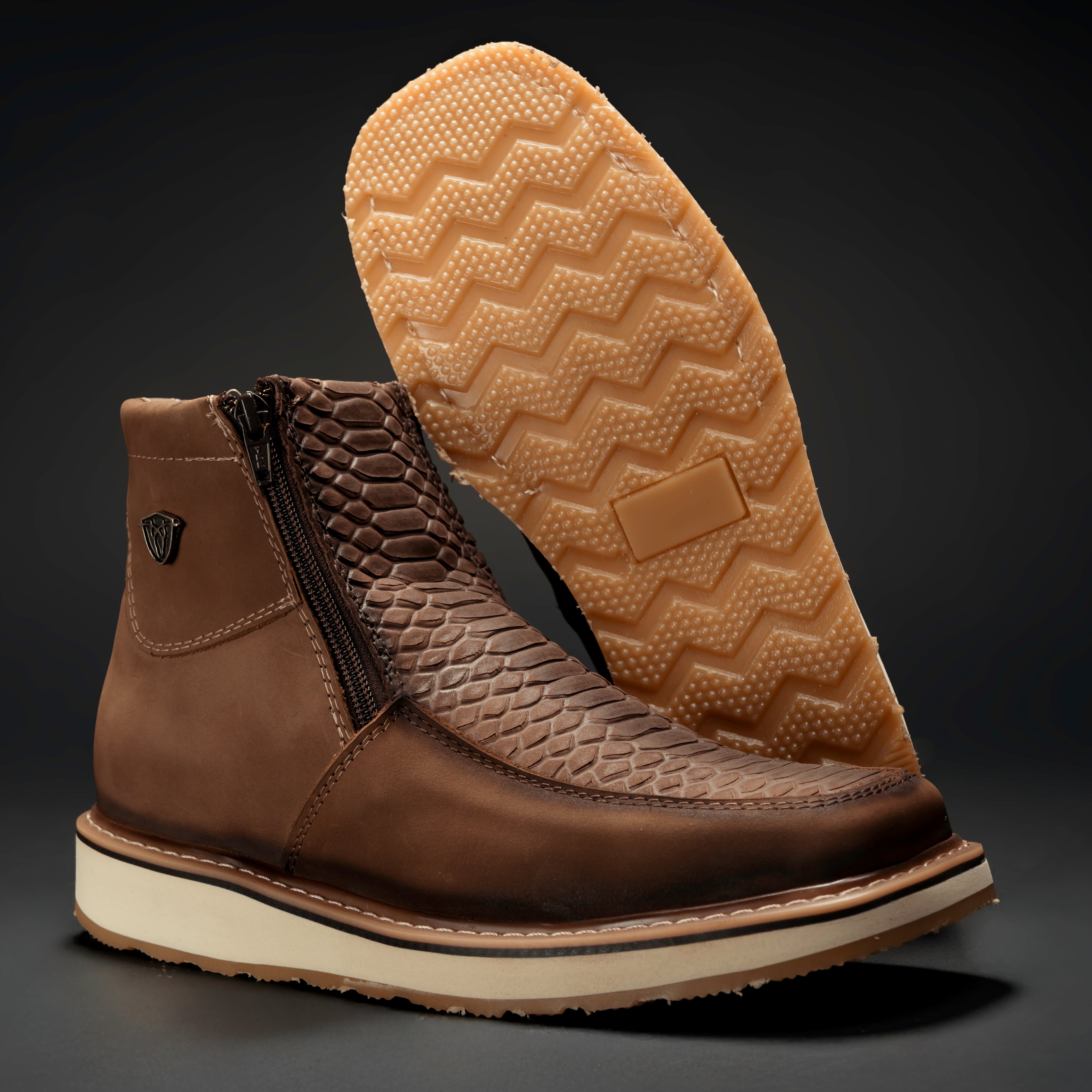 CF16 MEN'S SQUARE TOE COWBOY BOOTS BROWN PYTHON LEATHER WITH DOBBLE ZIPPER