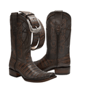 COMBO MEN'S DENVER WESTERN BOOTS  BROWN CAIMAN PRINT LEATHER COMBO DUBAI TOE WHIT BELT-1