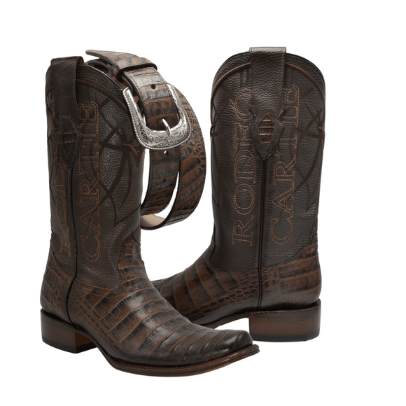 COMBO MEN'S DENVER WESTERN BOOTS  BROWN CAIMAN PRINT LEATHER COMBO DUBAI TOE WHIT BELT