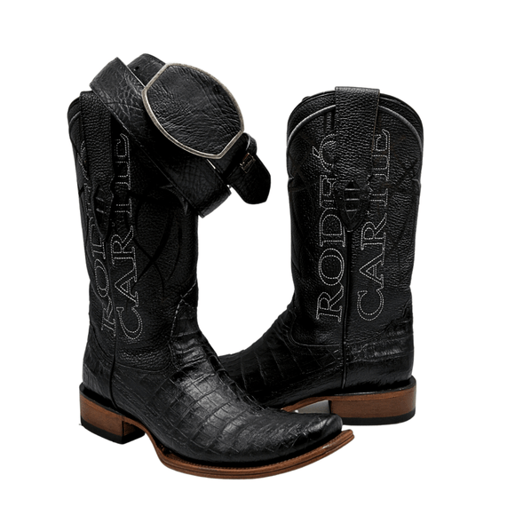 COMBO MEN'S DENVER WESTERN BOOTS BLACK CAIMAN PRINT LEATHER COWBOY DUBAI TOE WHIT BELT