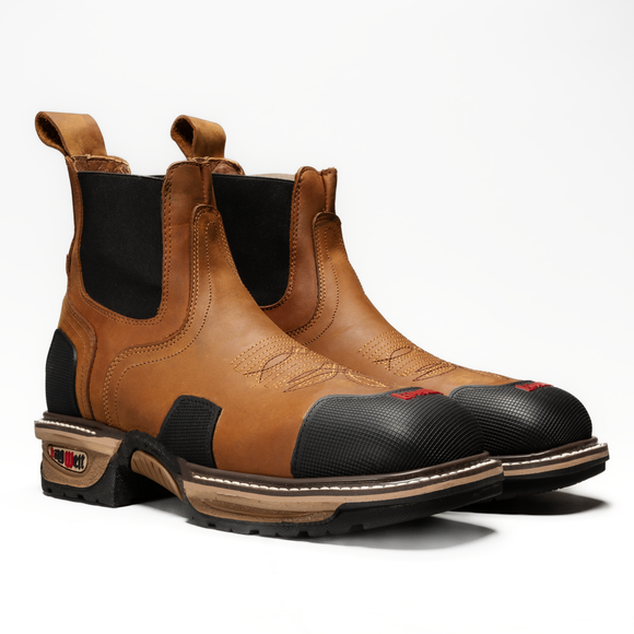 MEN'S KW3161 TAN FORCE 6" STEEL TOE WORK BOOTS SQUARE TOE DUAL DENSITY FULL GRAIN LEATHER CHELSEA