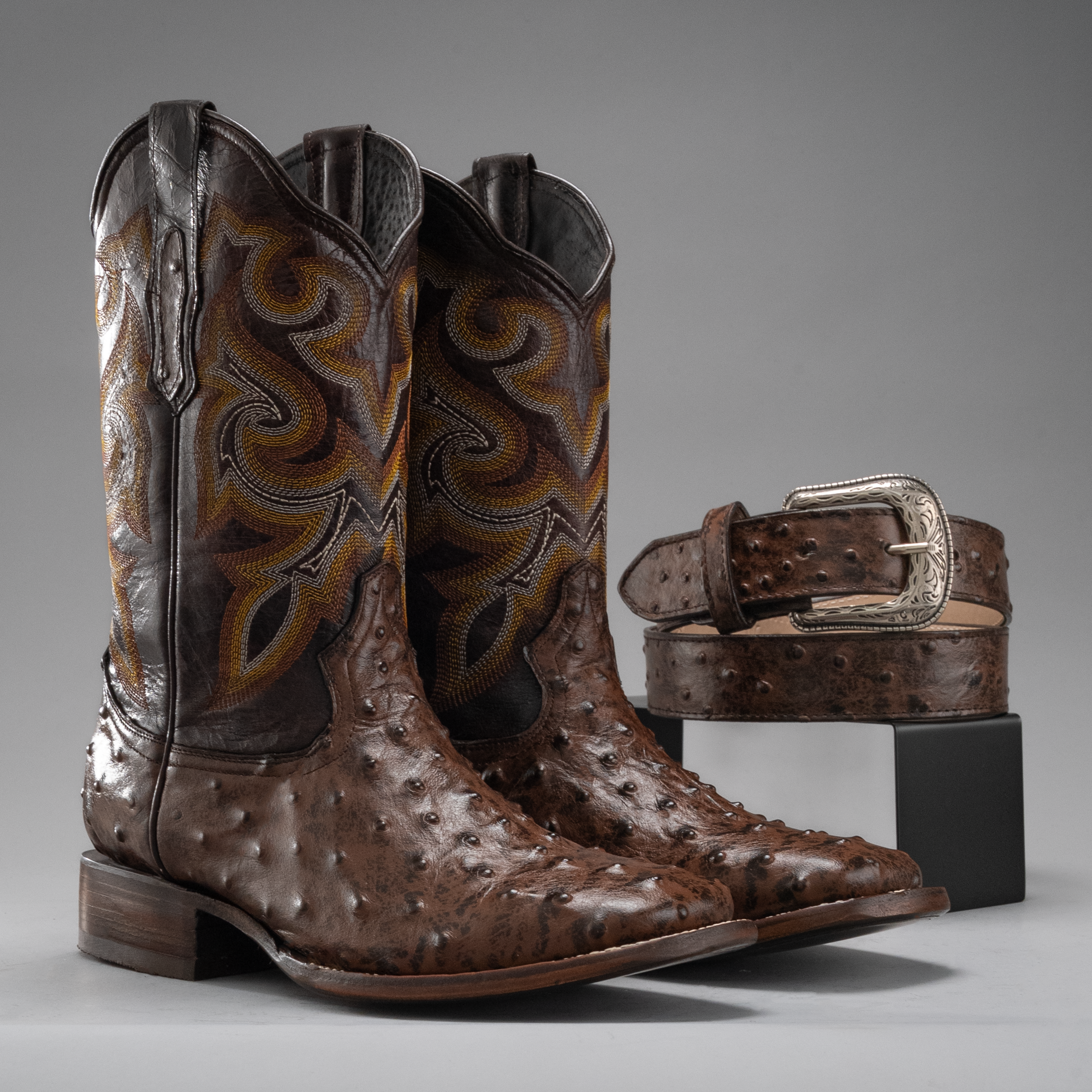 MEN'S BROWN BD701 OSTRICH WESTERN BOOT SQUARE TOE COWBOY BOOTS WITH BELT BUNDLE