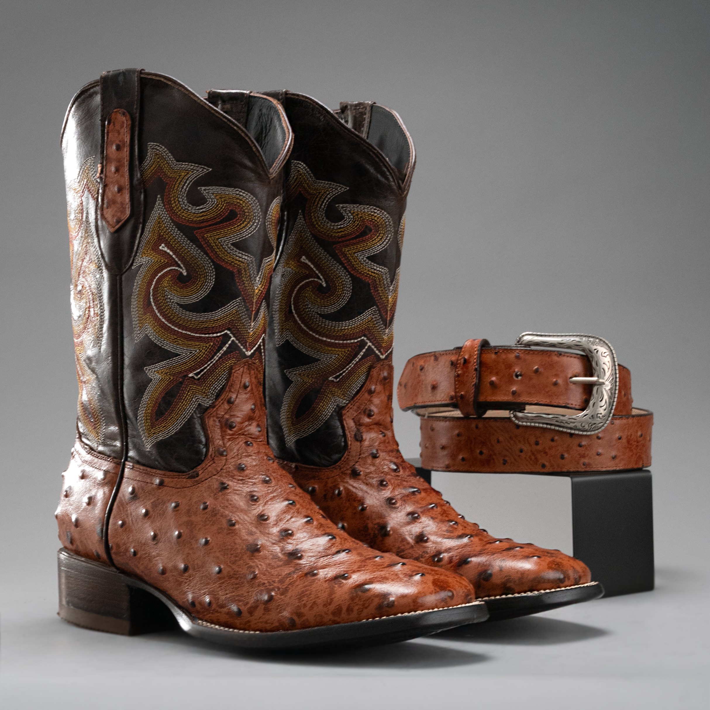 MEN'S OSTRICH BD701 WESTERN BOOTS SHEDRON SQUARE TOE COWBOY BOOTS WITH BELT BUNDLE