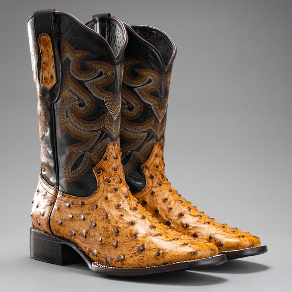 BD701 MEN'S WESTERN BOOTS OSTRICH PRINT LEATHER SQUARE TOE COWBOY BOOTS BUTTERCUP COLOR