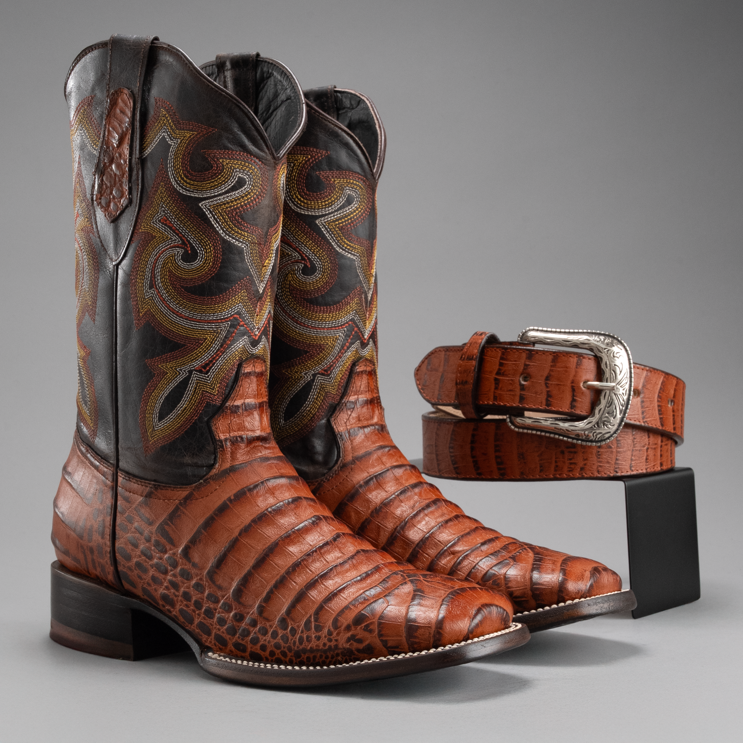 MEN'S CAIMAN BD704 WESTERN BOOTS SHEDRON SQUARE TOE COWBOY BOOTS WITH BELT BUNDLE