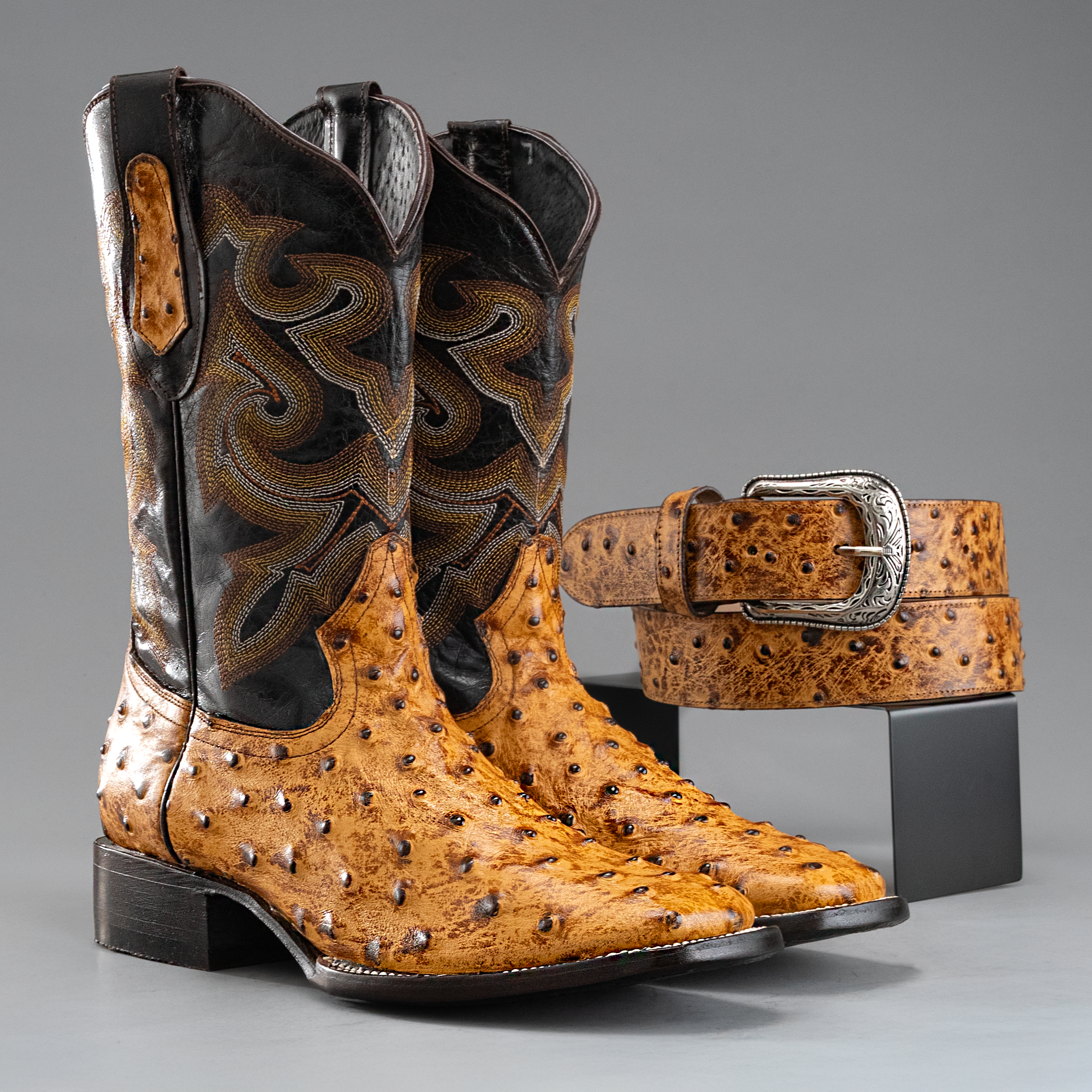 MEN'S OSTRICH BD701 WESTERN BOOTS BUTTERCUP SQUARE TOE COWBOY BOOTS WITH BELT BUNDLE