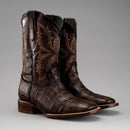 MEN'S AMERICAN ALLIGATOR PRINT LEATHER BROWN SQUARE TOE COWBOY BOOT-1
