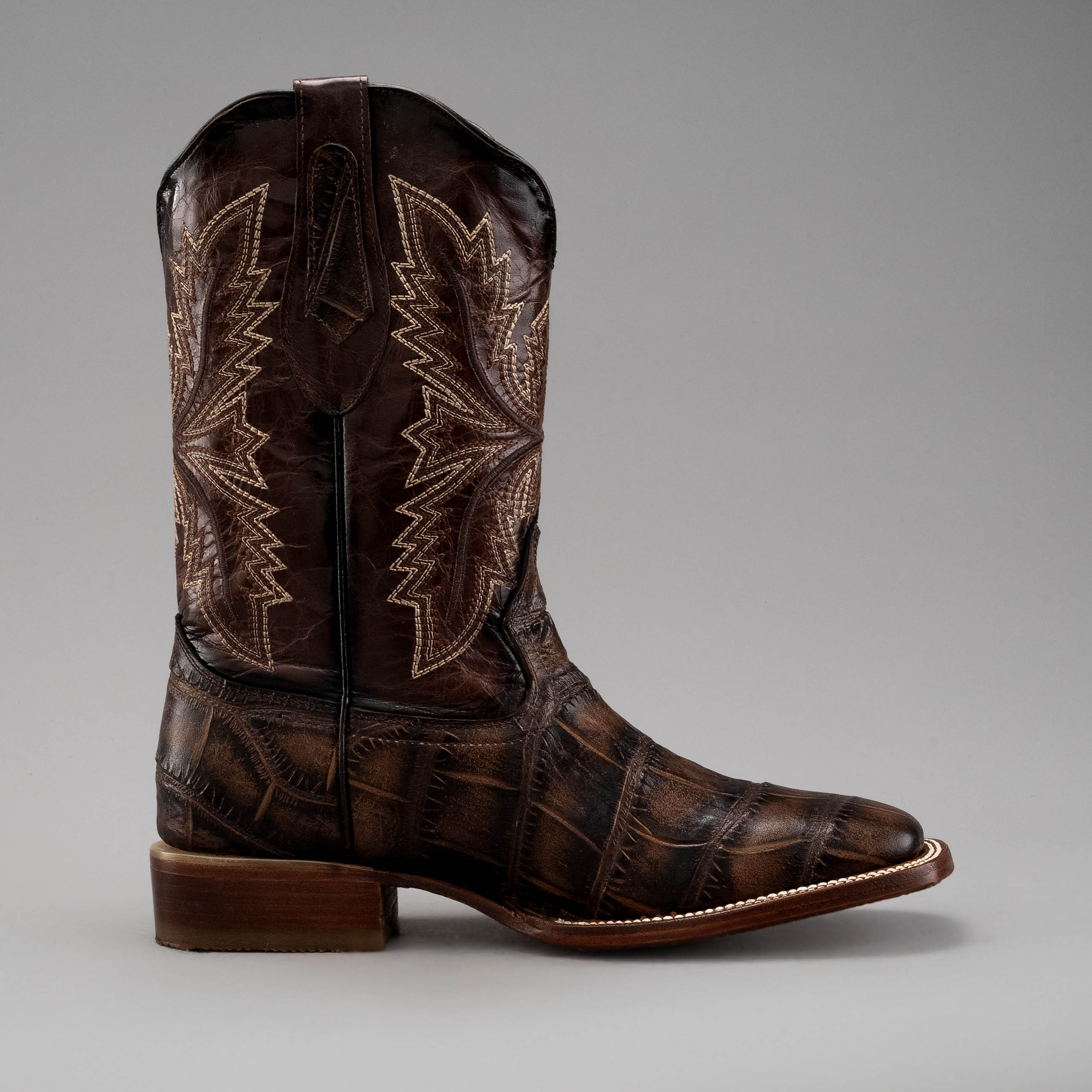 MEN'S AMERICAN ALLIGATOR PRINT LEATHER BROWN SQUARE TOE COWBOY BOOT